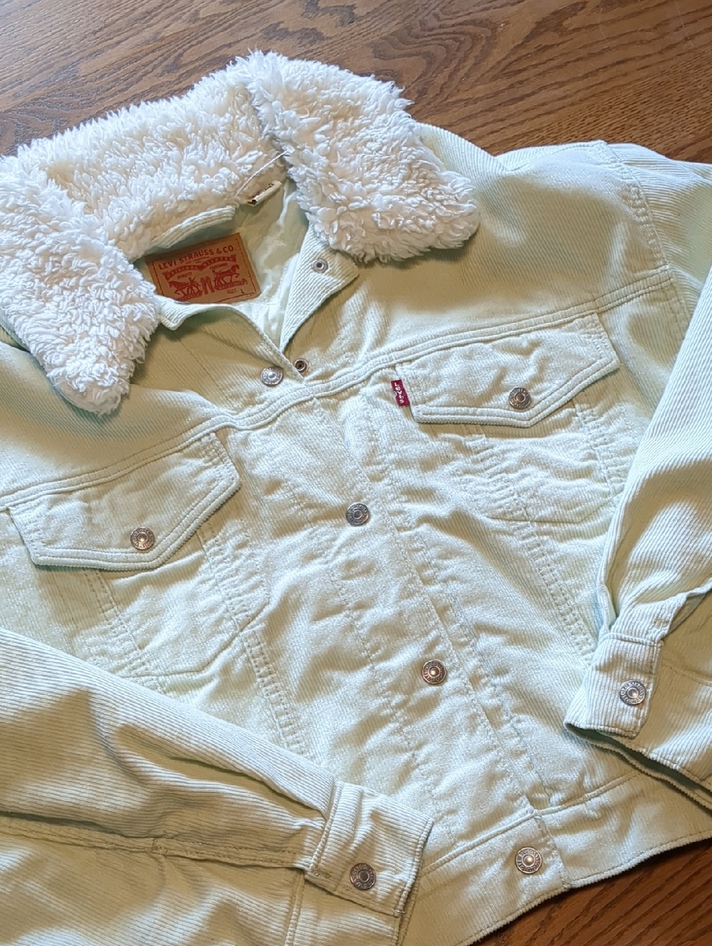Levi's Cream Sherpa Collar Corduroy Jacket with Pale Mint Green Body.
